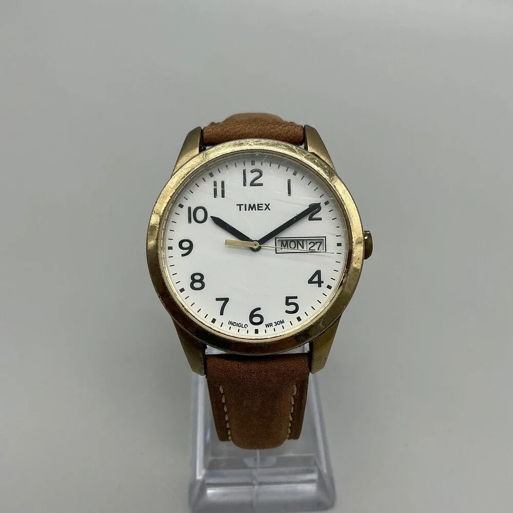 Timex Indiglo Mens Watch 36mm Gold Tone Day Date Brown Leather New Battery